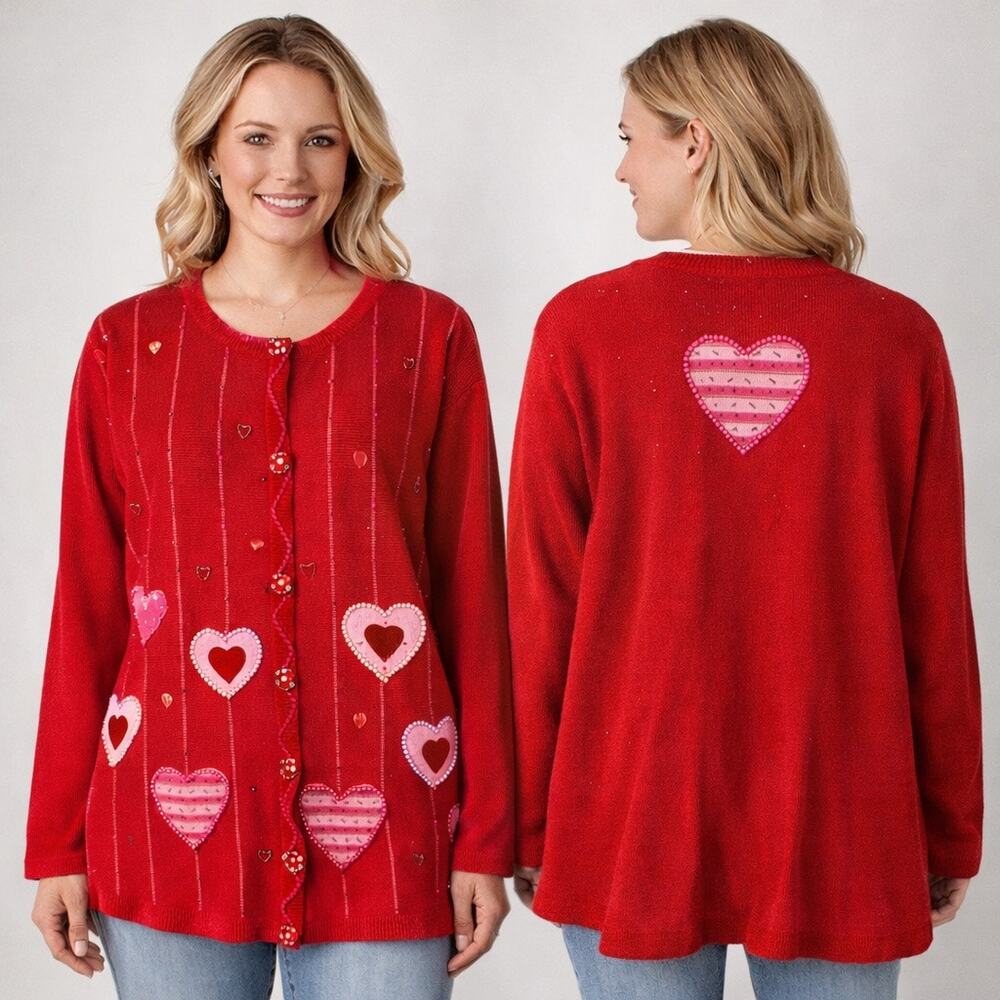 The Quacker Factory Heart Beaded Cardigan Red Valentine Sweater L